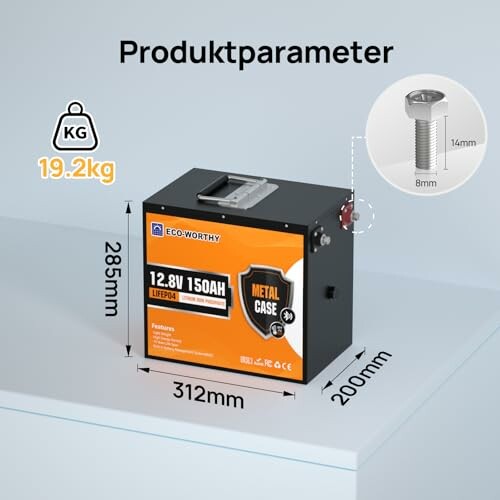 Produktparameter der 12.8V 150AH LiFePO4-Batterie mit Metallgehäuse.