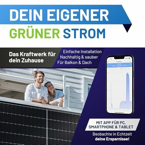 Paar auf Balkon mit Solarpanel und Smartphone-App