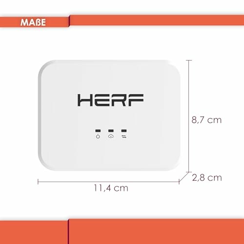 Weißes Gerät mit den Maßen 11,4 cm x 8,7 cm x 2,8 cm