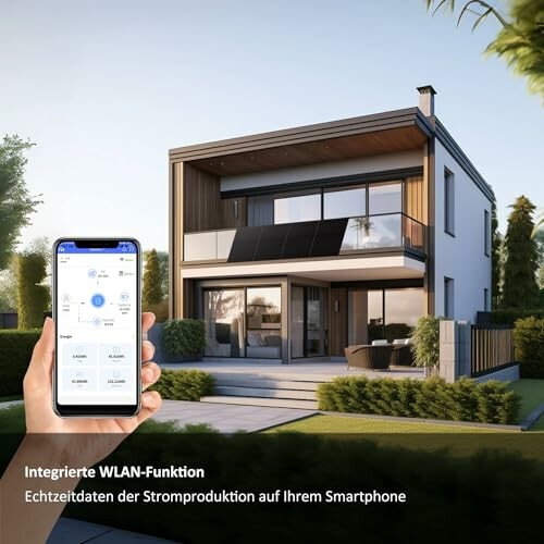 Moderne zweistöckige Haus mit Smartphone, das Energiedaten anzeigt.
