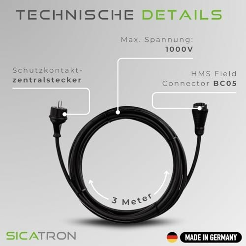 Technische Details eines 3-Meter-Kabels mit zentralem Schutzkontaktstecker und HMS Field Connector BC05, max. Spannung 1000V.