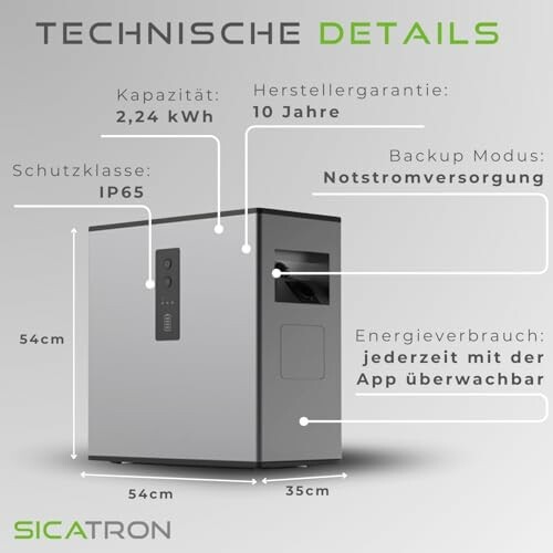 Technische Details eines Geräts mit 2,24 kWh Kapazität