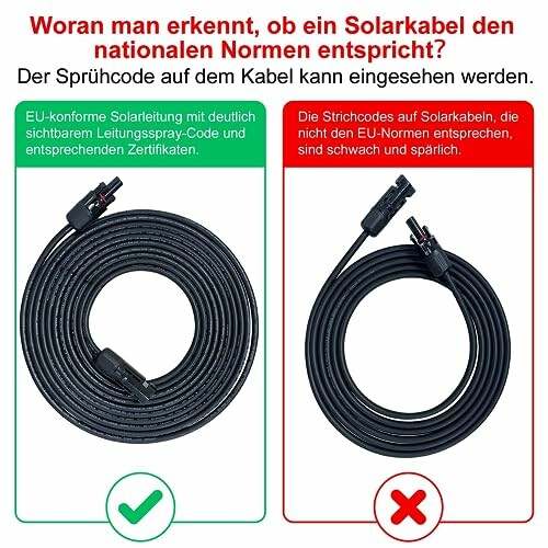 Vergleich von Solarkabeln mit und ohne Normenkennzeichnung.