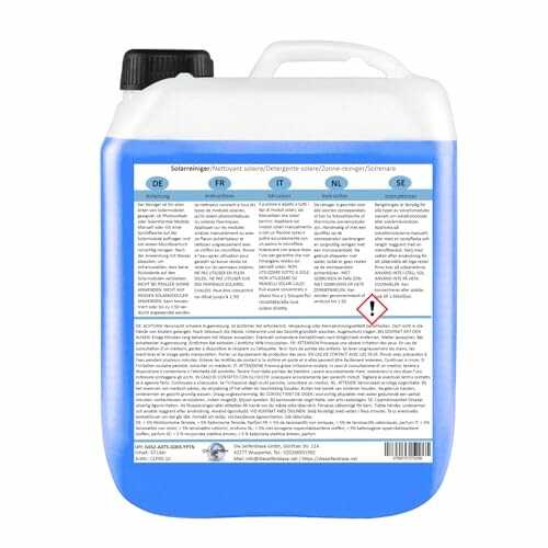 Behälter mit Solarreiniger und Sicherheitshinweisen