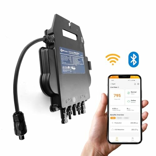 Solarwechselrichter mit Bluetooth-Verbindung und Smartphone.