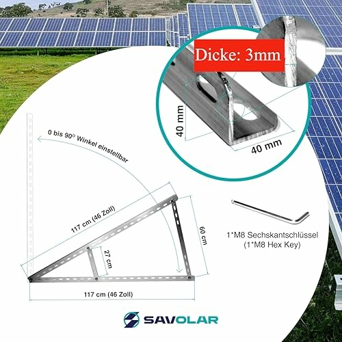 Metallhalterung für Solarmodule mit Abmessungen und Inbusschlüssel