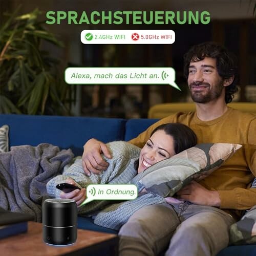 Paar nutzt Sprachsteuerung für Smart-Lautsprecher