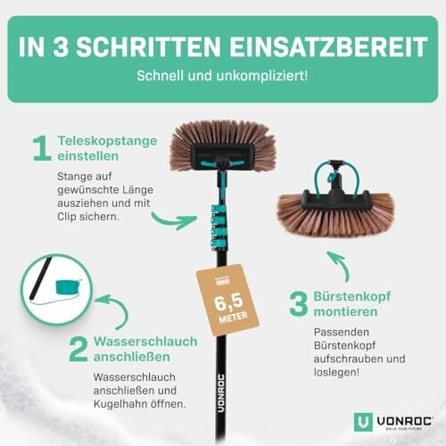 Anleitung zur Montage eines VONROC Besens in drei Schritten.